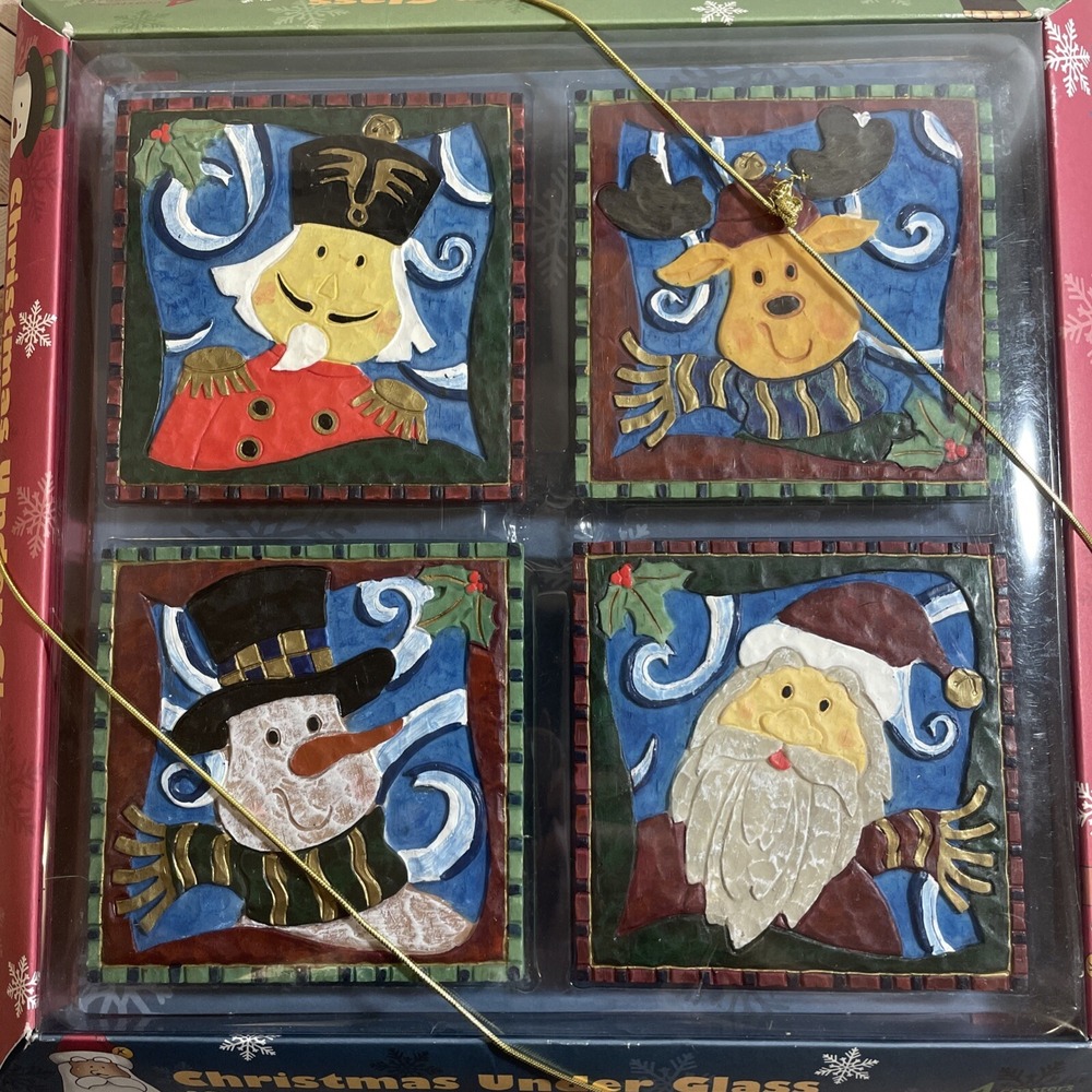 Sommelier Christmas Under Glass Coasters 4 Piece Set Characters‎ Santa Snowman